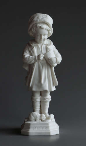 A Parian figure of a child feeding their pet cat and kittens