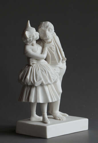A rare Coalport Parian group of a cat and monkey
