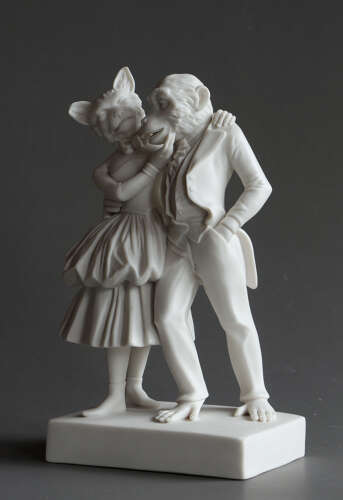 A rare Coalport Parian group of a cat and monkey