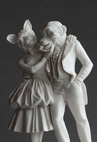 A rare Coalport Parian group of a cat and monkey